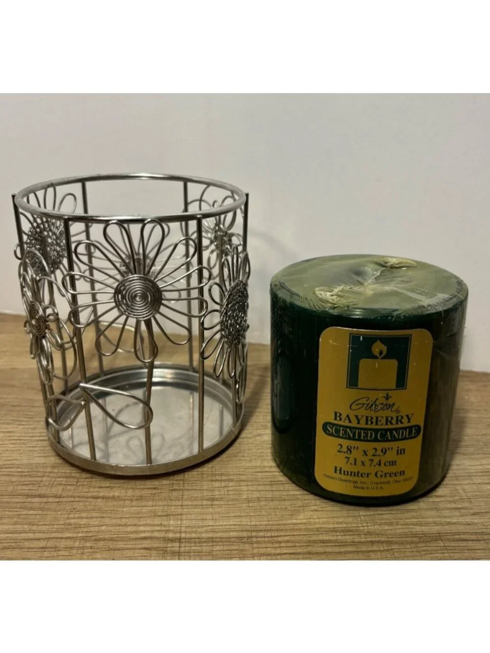 Gibson Bayberry Scented Candle Hunter Green With Silver Floral Candle Holder USA